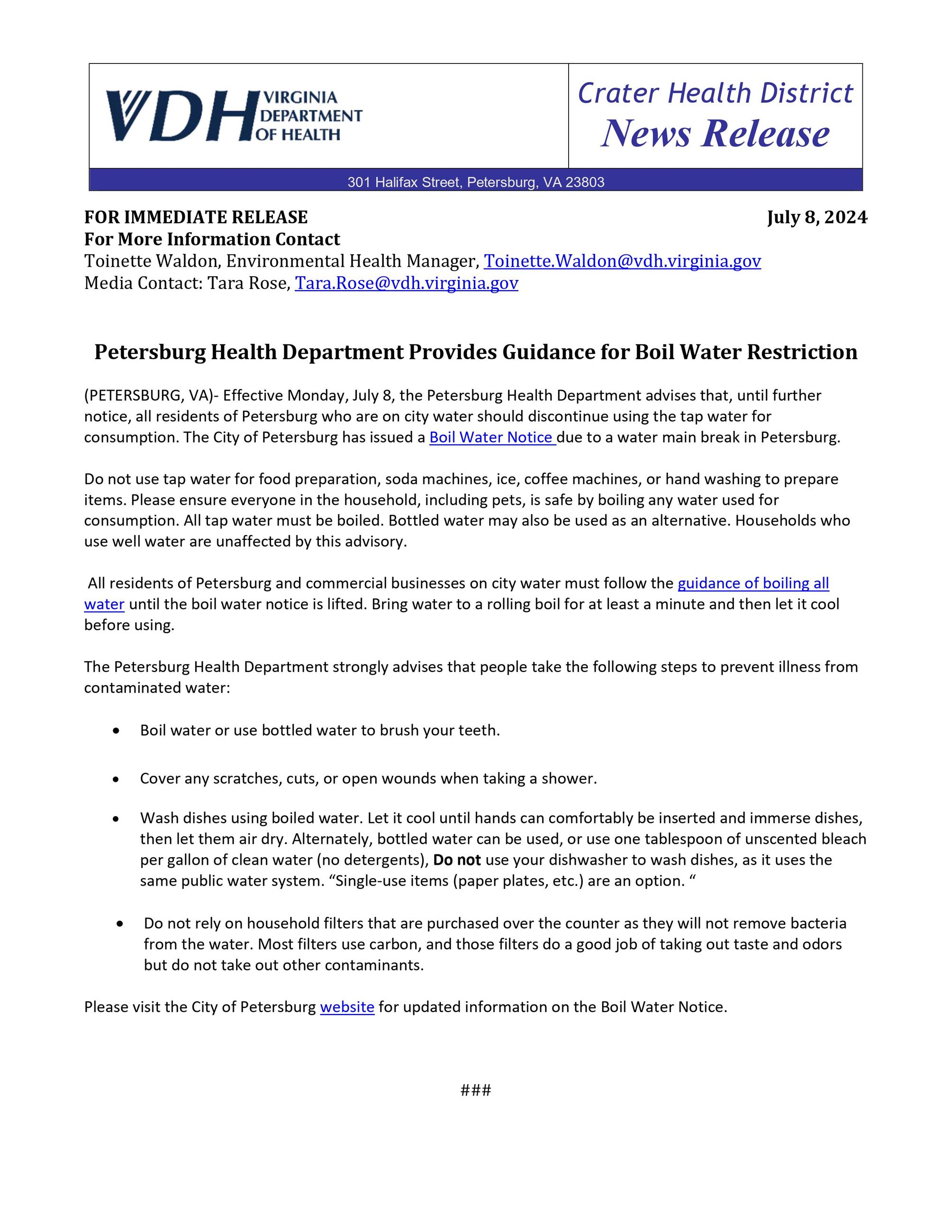 Press Release BOIL WATER NOTICE Petersburg 7-8-2024