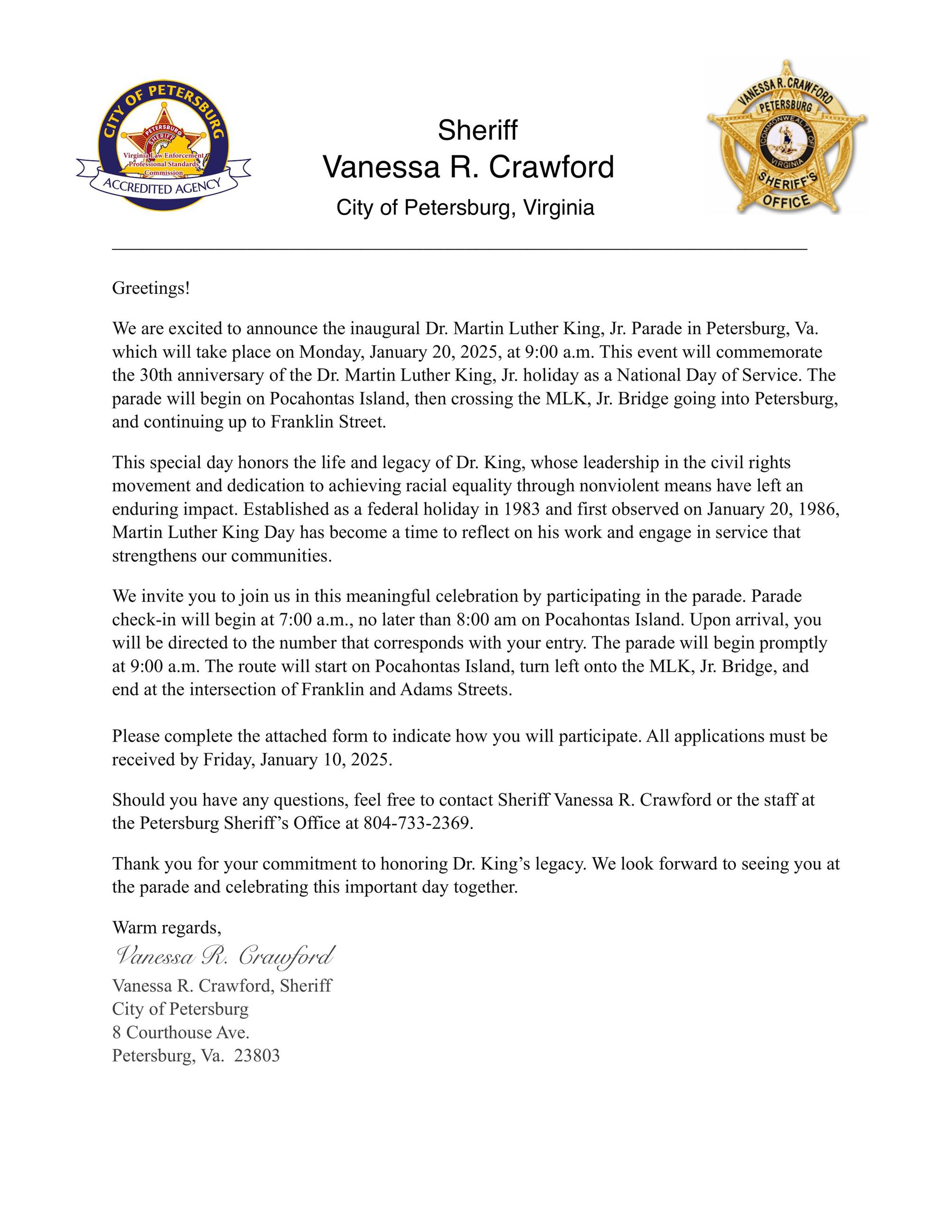 Letter to invite people to MLK, Jr. 2025 parade-December 3, 2024